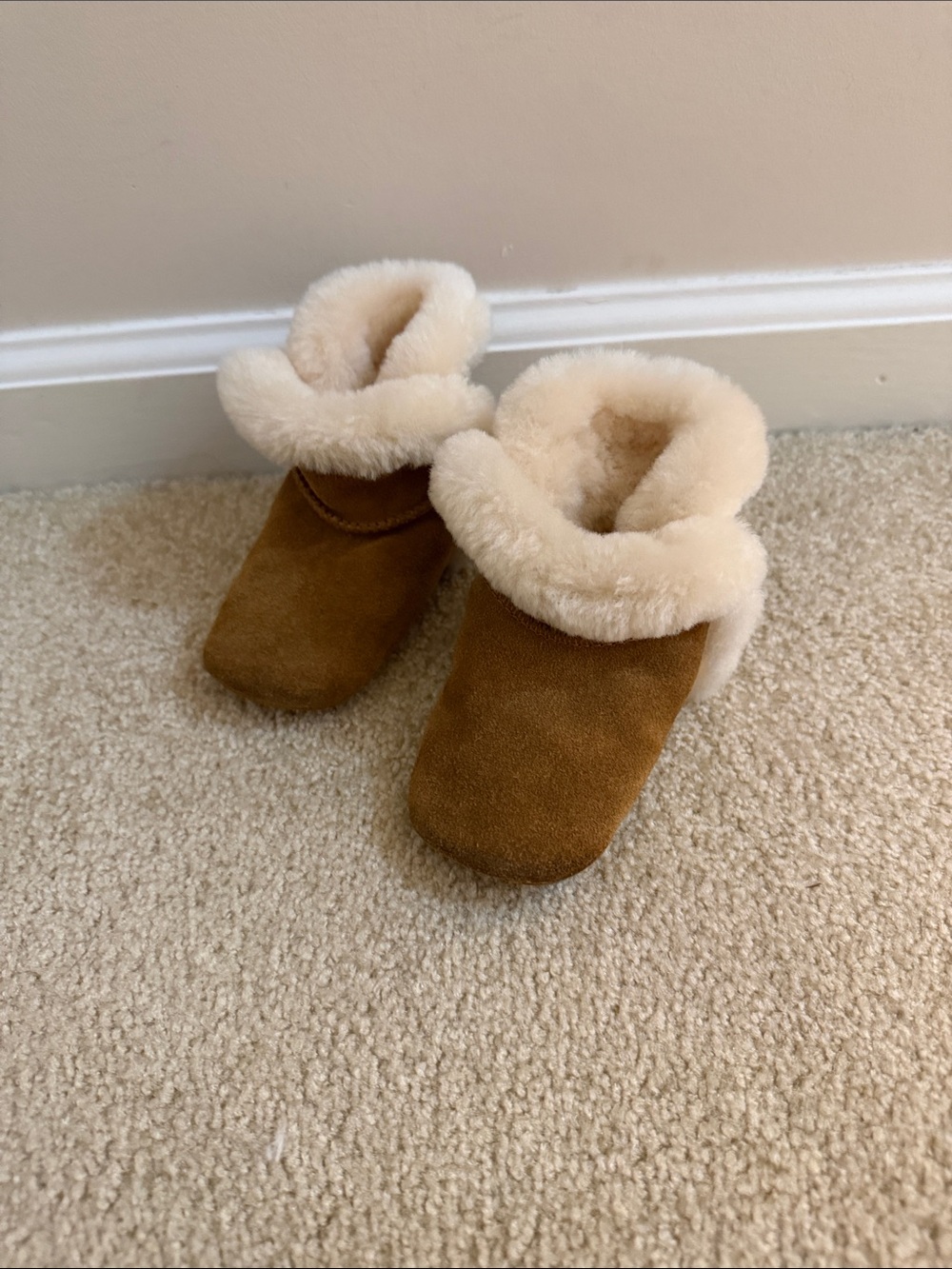 UGG Chestnut Suede Baby Booties with Cream Shearling Cuff
